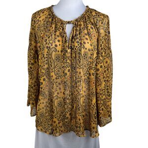 Yessica C&A Paisley Chiffon Blouse Women S or EU 38 Yellow Boho Tie Neck Top